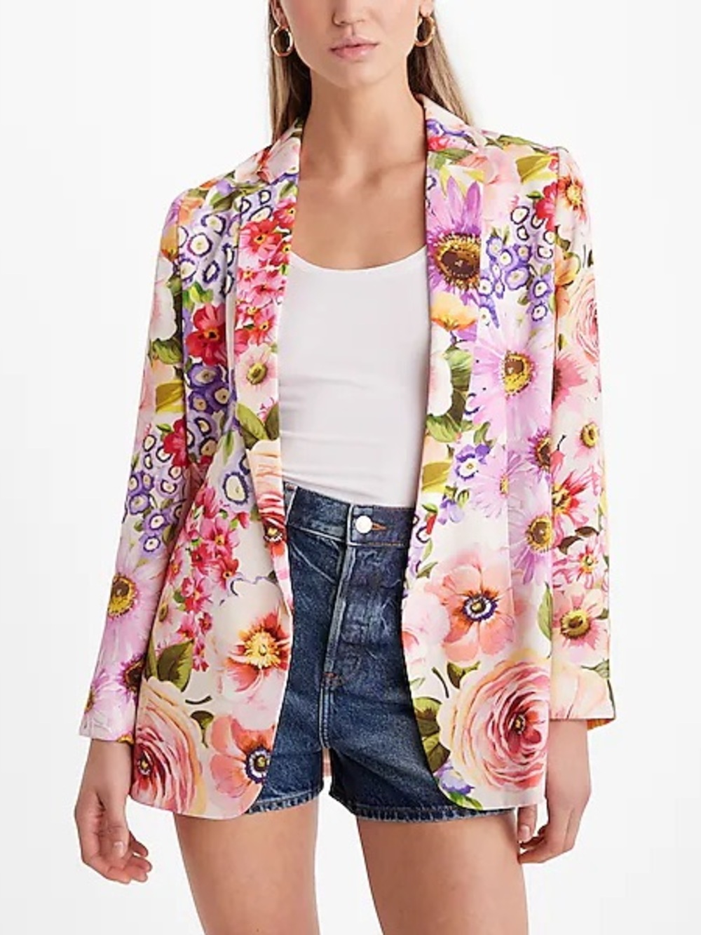 Express Floral Open Front Boyfriend Blazer in Pink/Purple/Orange